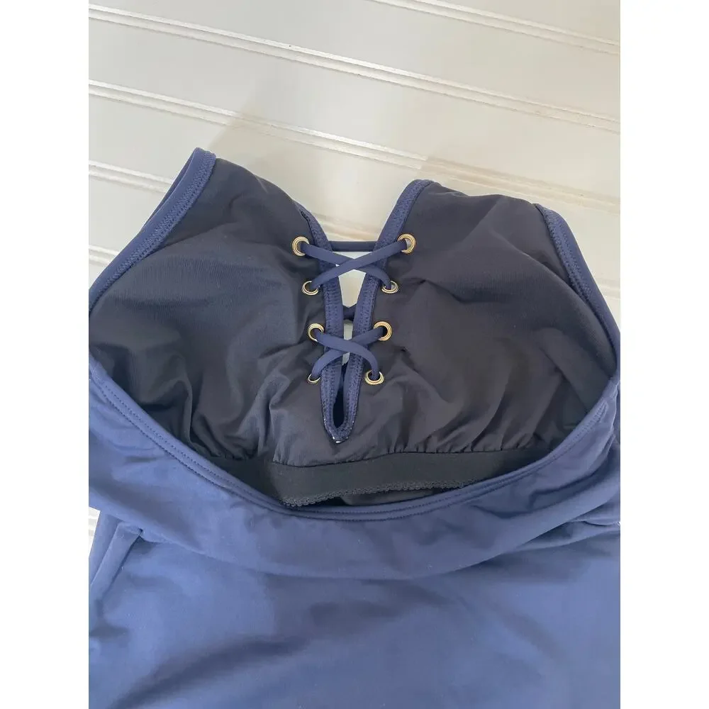 NWOT Michael Kors One Piece Bathing Suit Navy Blue Lace Up Halter Swimsuit Sz S